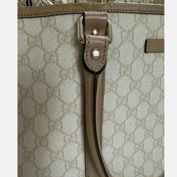 Gucci GG Canvas Beige Leather Trim Large Tote Bag Authentic - Picture 4 of 11
